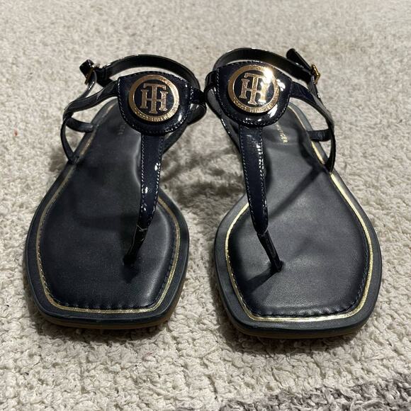 Tommy Hilfiger Womens Size 8.5 M Blue T-Strap TH Logo Sandals Thong Flats - Picture 2 of 10